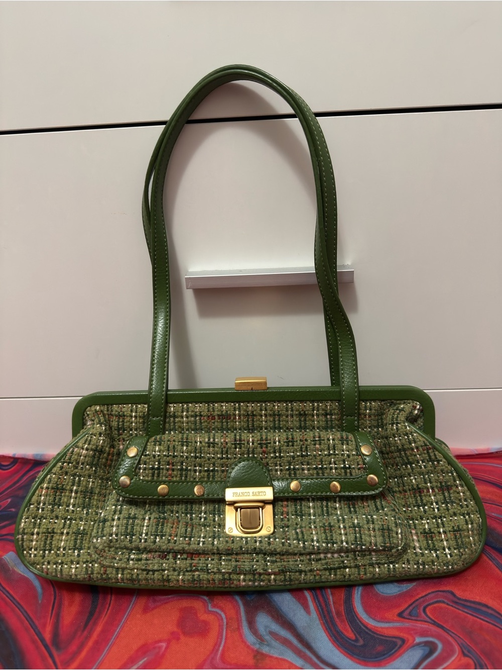 Vintage Y2K Franco Sarto Green Tweed Kiss Lock Frame Bag Satchel